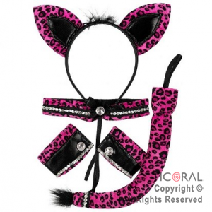 SET DISFRAZ ANIMAL PRINT LEOPARDO VINCHA OREJAS COLLAR COLA Y MU�EQUERAS